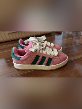 adidas womensPink Suede Sneakers with Green Stripes